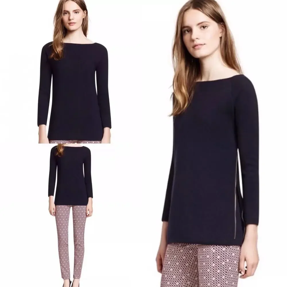Tory Burch Rylie Sweater Side Zippers Merino Wool Pullover Crewneck Knit Size XS
